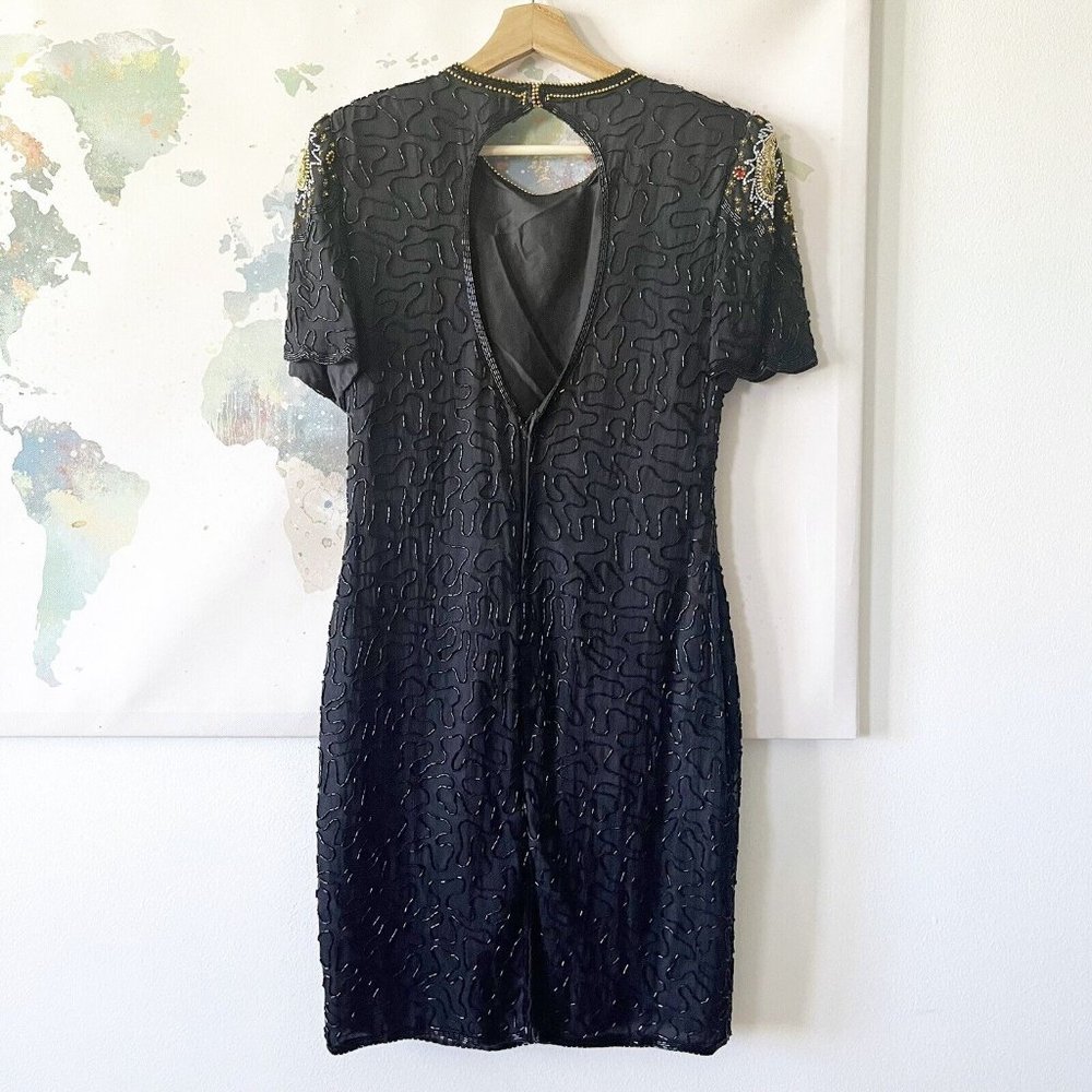 Laurence Kazar Petite Medium Dress Beaded Sequin Silk‎ Multi Black Short Sleeve - Picture 9 of 9